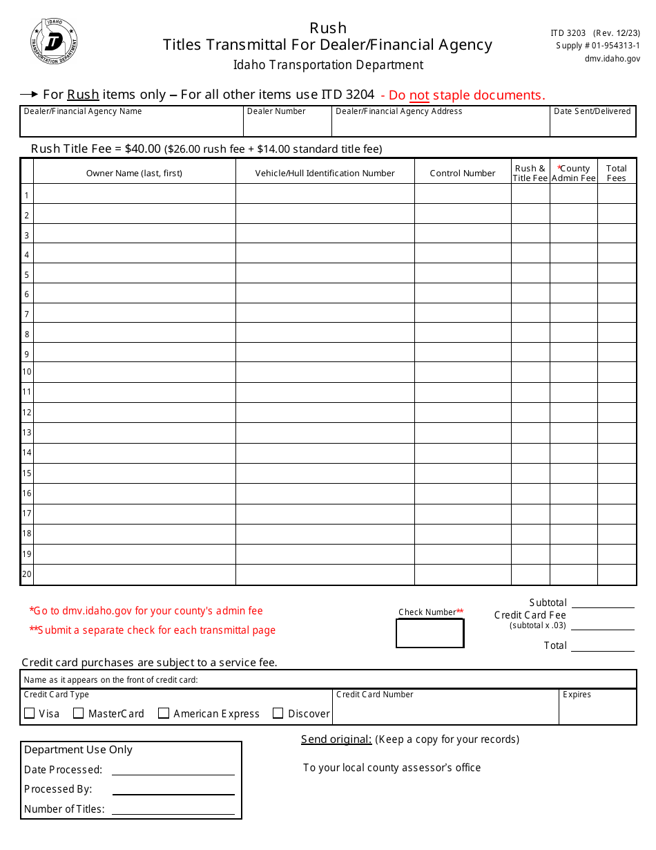 Form ITD3203 Download Fillable PDF or Fill Online Rush Titles ...