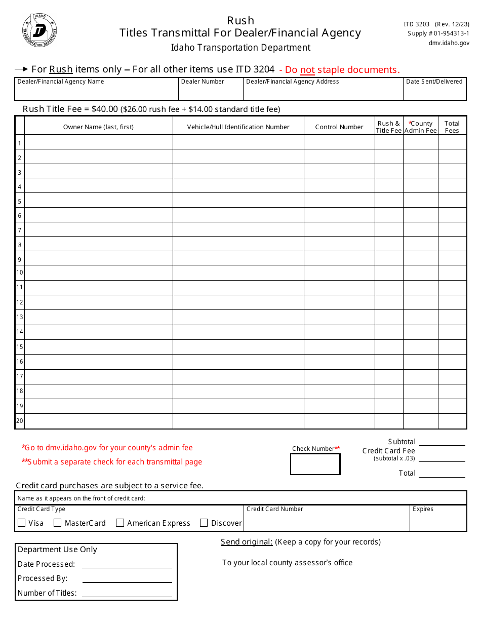 Form ITD3203 Rush Titles Transmittal for Dealer / Financial Agency - Idaho, Page 1