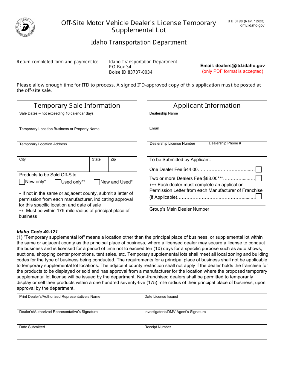 Form ITD3198 Off-Site Motor Vehicle Dealers License Temporary Supplemental Lot - Idaho, Page 1