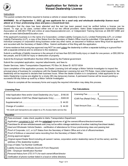 Form ITD3170 Application for Vehicle or Vessel Dealership License - Idaho