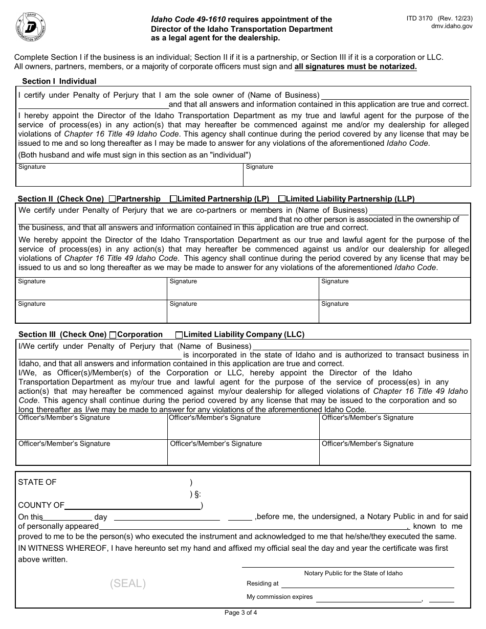Form ITD3170 Application for Vehicle or Vessel Dealership License - Idaho, Page 3