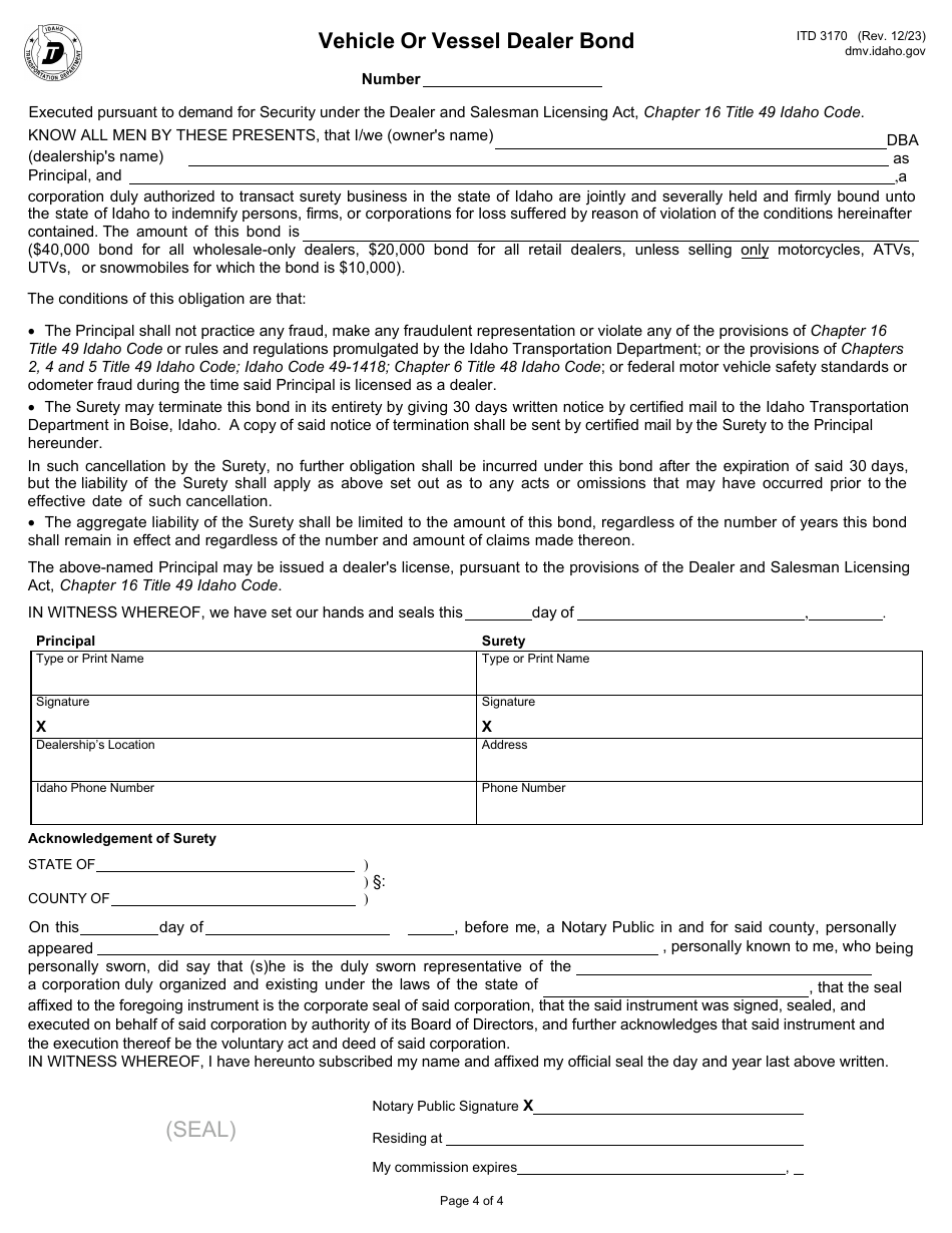 Form ITD3170 Application for Vehicle or Vessel Dealership License - Idaho, Page 4