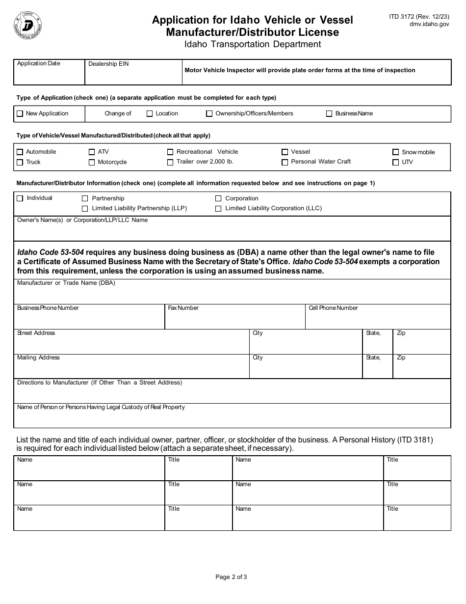 Form ITD3172 Application for Idaho Vehicle or Vessel Manufacturer / Distributor License - Idaho, Page 2