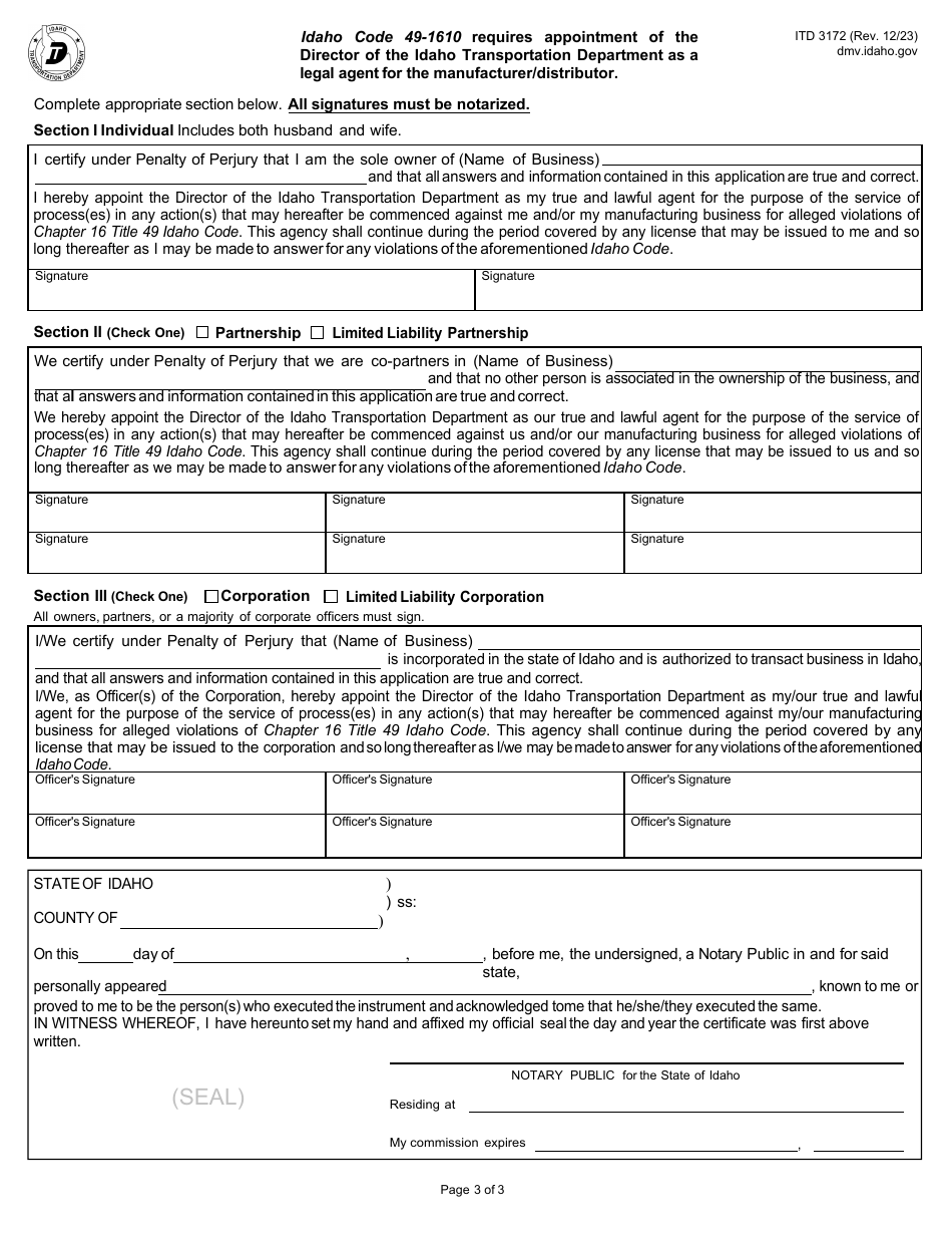 Form ITD3172 Application for Idaho Vehicle or Vessel Manufacturer / Distributor License - Idaho, Page 3