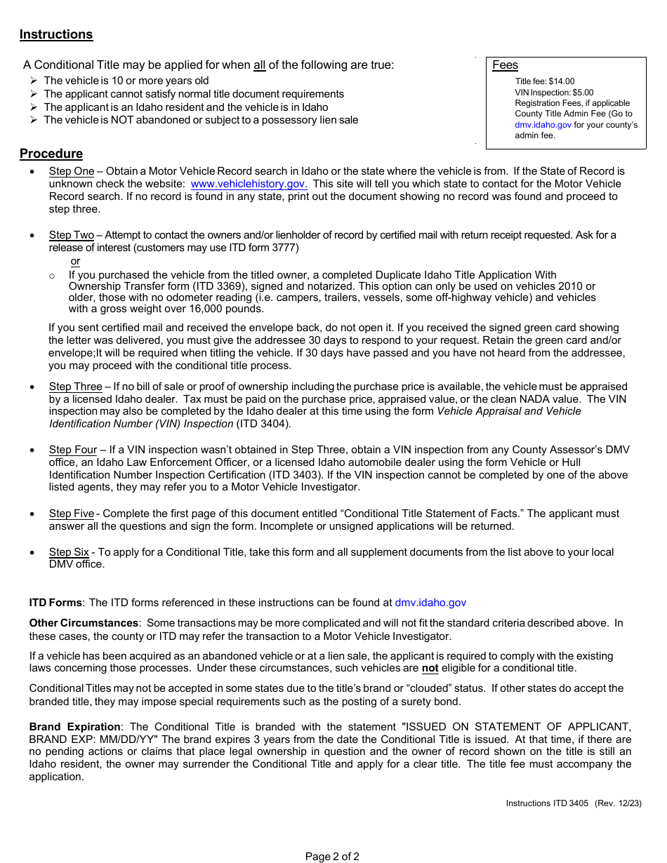 Form ITD3405 Conditional Title Statement of Facts - Idaho, Page 2