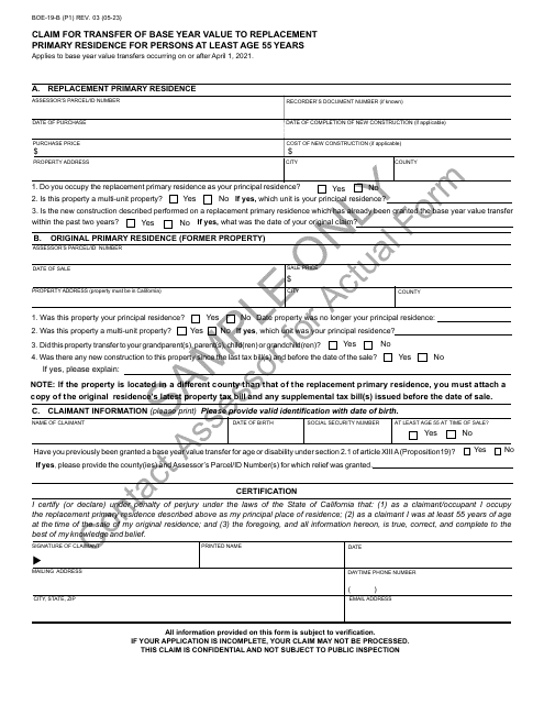 Form BOE-19-B Claim for Transfer of Base Year Value to Replacement Primary Residence for Persons at Least Age 55 Years - Sample - California