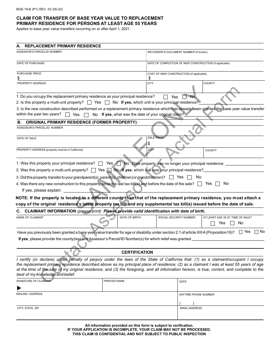 Form BOE-19-B Claim for Transfer of Base Year Value to Replacement Primary Residence for Persons at Least Age 55 Years - Sample - California, Page 1