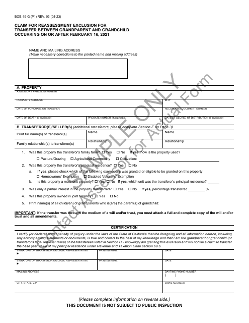 Form BOE-19-G Claim for Reassessment Exclusion for Transfer Between Grandparent and Grandchild Occurring on or After February 16, 2021 - Sample - California