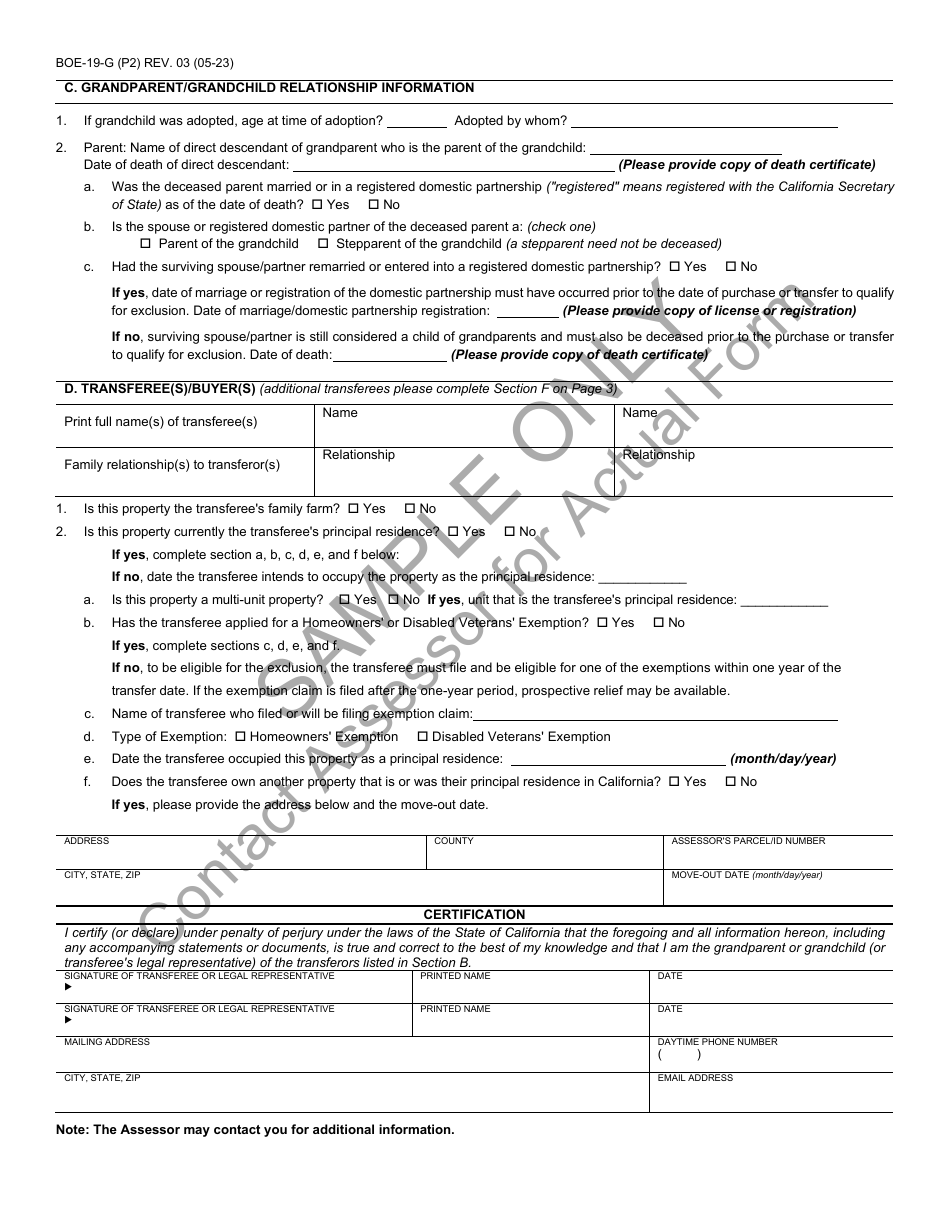 Form BOE-19-G Claim for Reassessment Exclusion for Transfer Between Grandparent and Grandchild Occurring on or After February 16, 2021 - Sample - California, Page 2