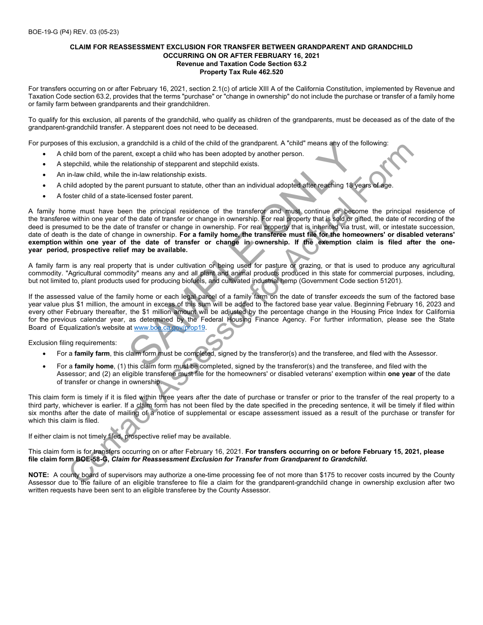 Form BOE-19-G Claim for Reassessment Exclusion for Transfer Between Grandparent and Grandchild Occurring on or After February 16, 2021 - Sample - California, Page 4