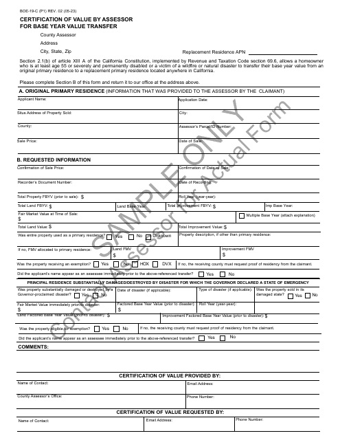 Form BOE-19-C Certification of Value by Assessor for Base Year Value Transfer - Sample - California