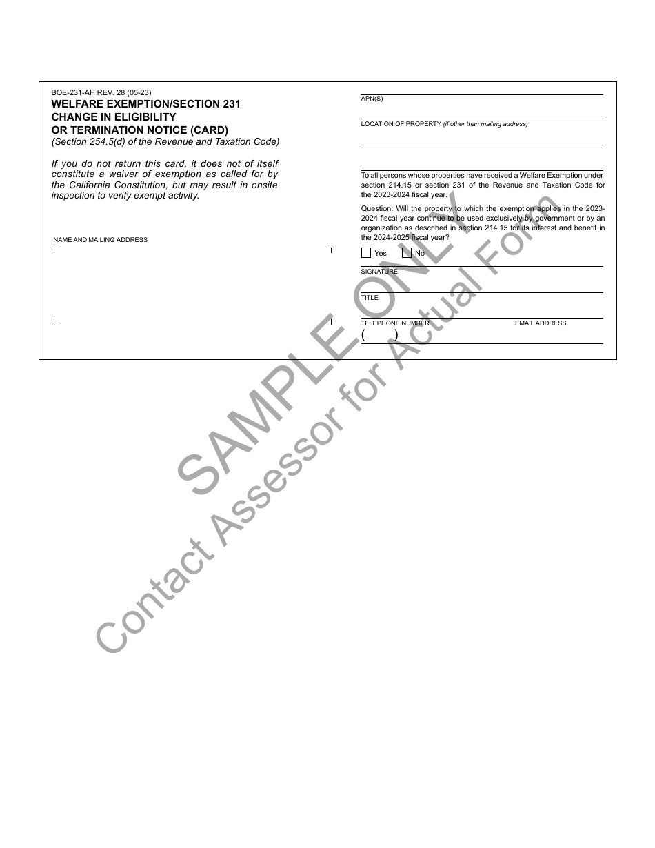 Form BOE-231-AH Welfare Exemption / Section 231 Change in Eligibility or Termination Notice - Sample - California, Page 2
