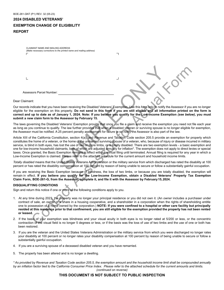 Form BOE-261-GNT Disabled Veterans Exemption Change of Eligibility Report - Sample - California, Page 1