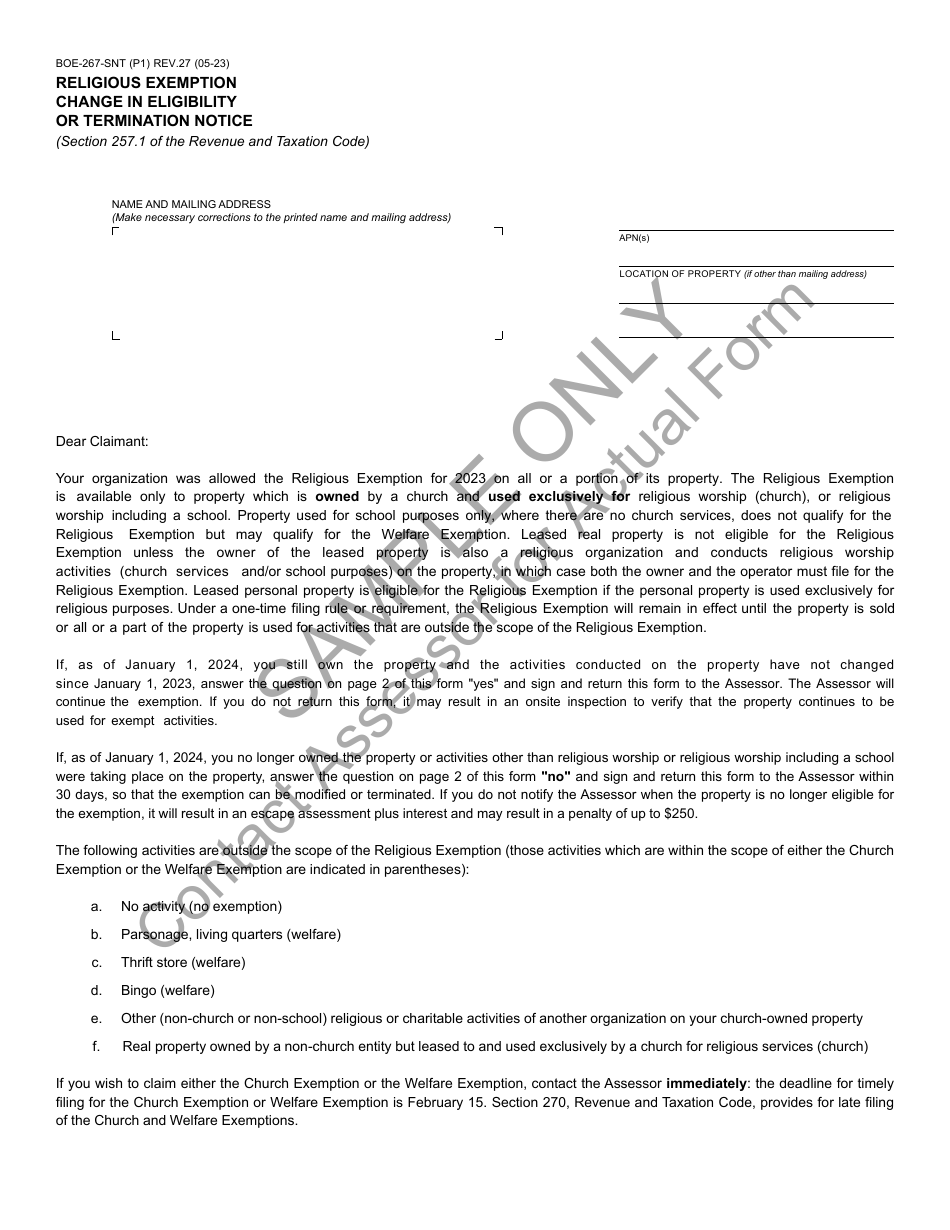 Form BOE-267-SNT Religious Exemption Change in Eligibility or Termination Notice - Sample - California, Page 1