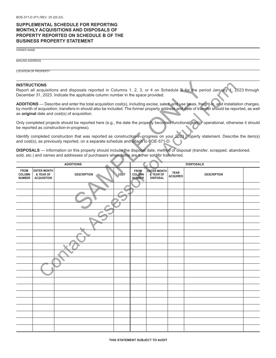 Form BOE-571-D Supplemental Schedule for Reporting Monthly Acquisitions and Disposals of Property Reported on Schedule B of the Business Property Statement - Sample - California, Page 1
