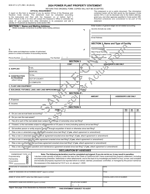 Form BOE-571-C Power Plant Property Statement - Sample - California, 2024