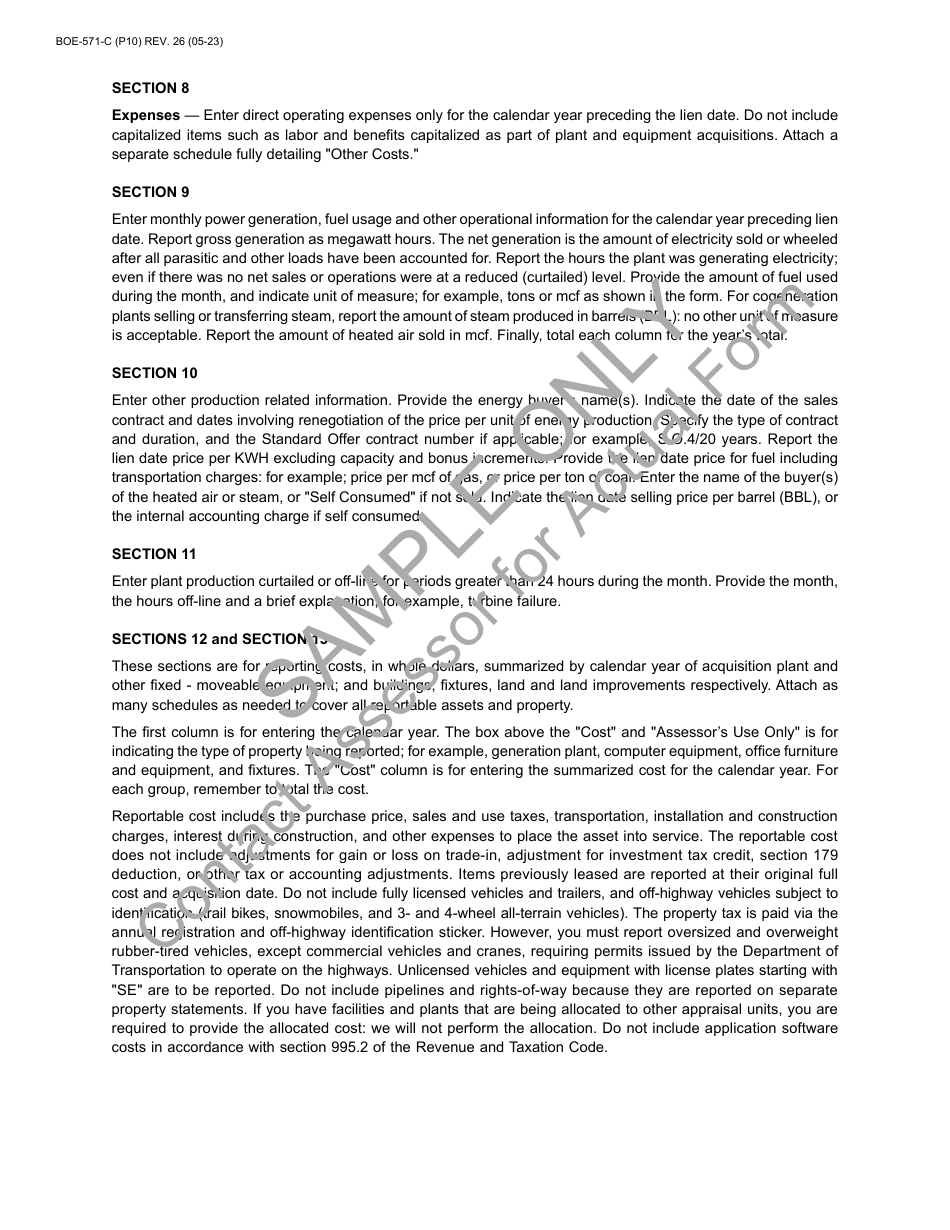 Form BOE-571-C Power Plant Property Statement - Sample - California, Page 10