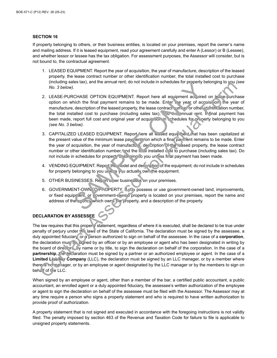 Form BOE-571-C Power Plant Property Statement - Sample - California, Page 12