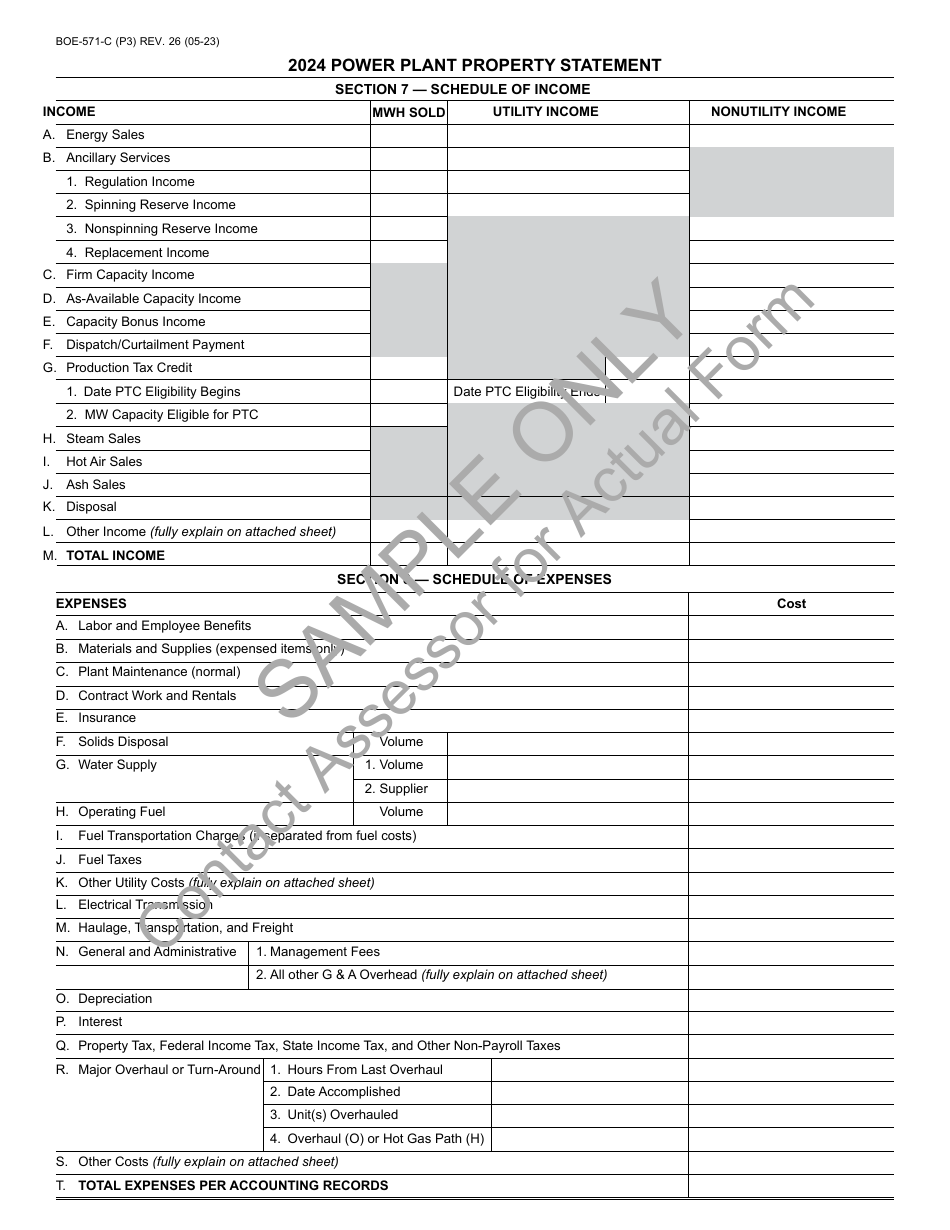 Form BOE-571-C Power Plant Property Statement - Sample - California, Page 3