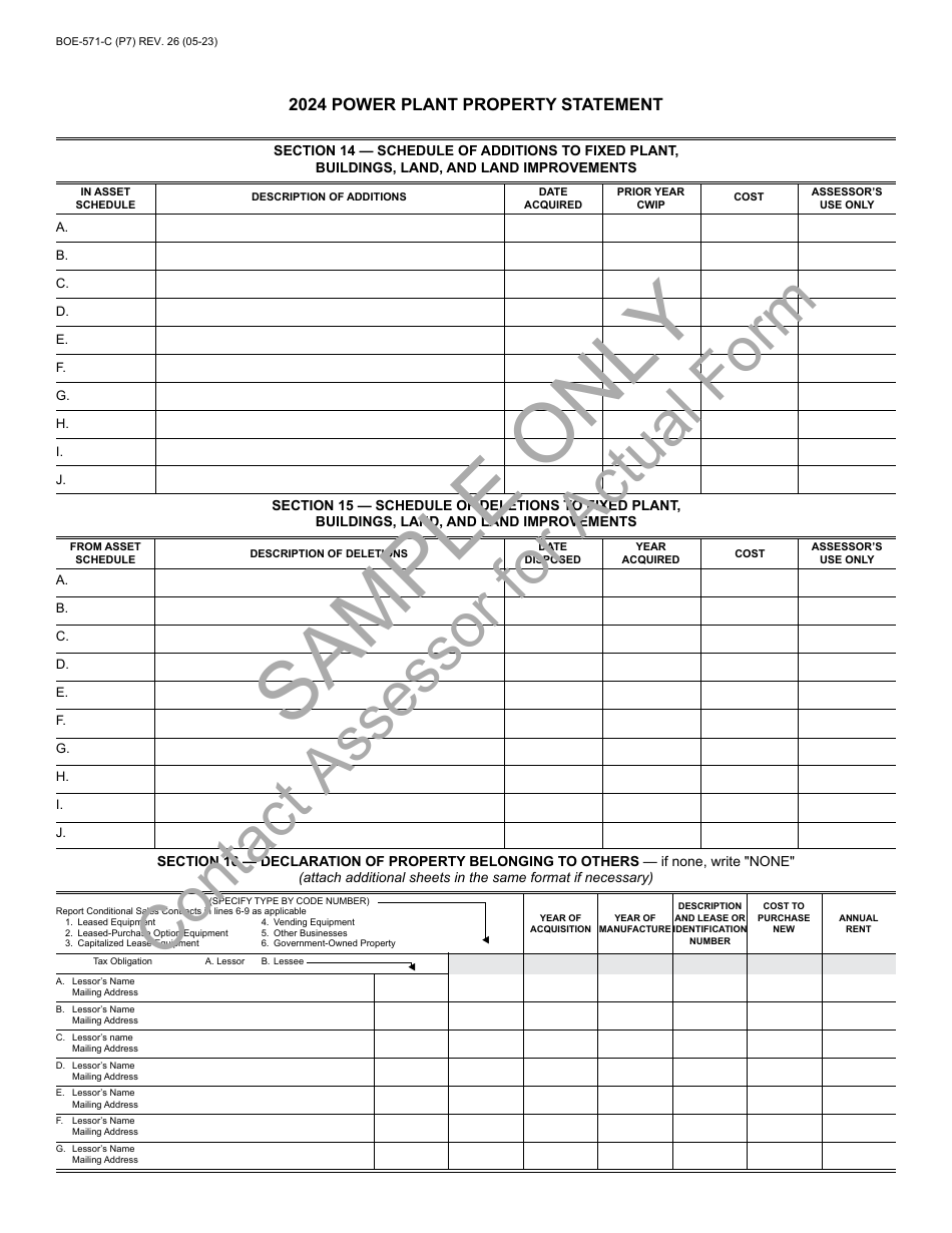 Form BOE-571-C Power Plant Property Statement - Sample - California, Page 7