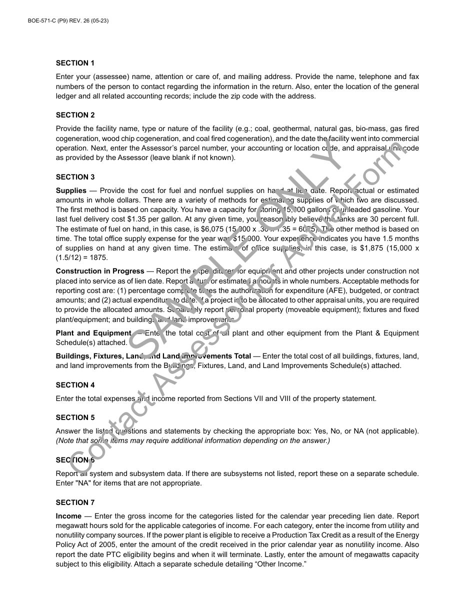 Form BOE-571-C Power Plant Property Statement - Sample - California, Page 9