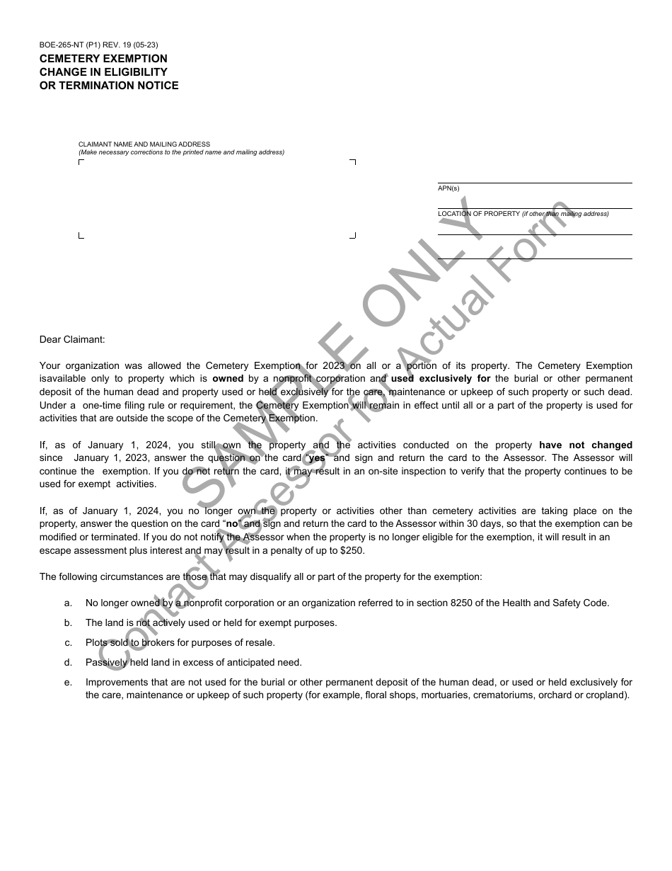 Form BOE-265-NT Cemetery Exemption Change in Eligibility or Termination Notice - Sample - California, Page 1