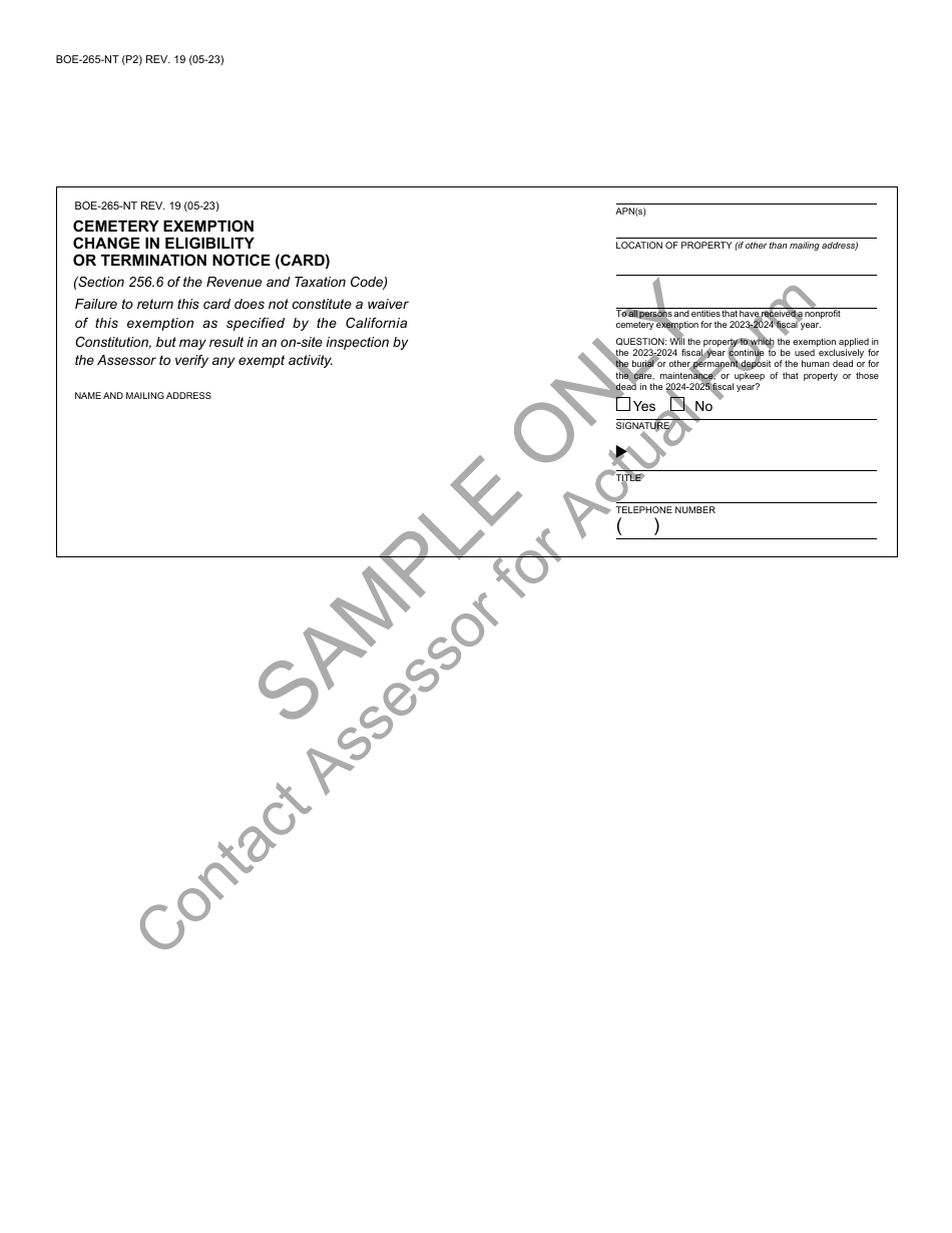 Form BOE-265-NT Cemetery Exemption Change in Eligibility or Termination Notice - Sample - California, Page 2