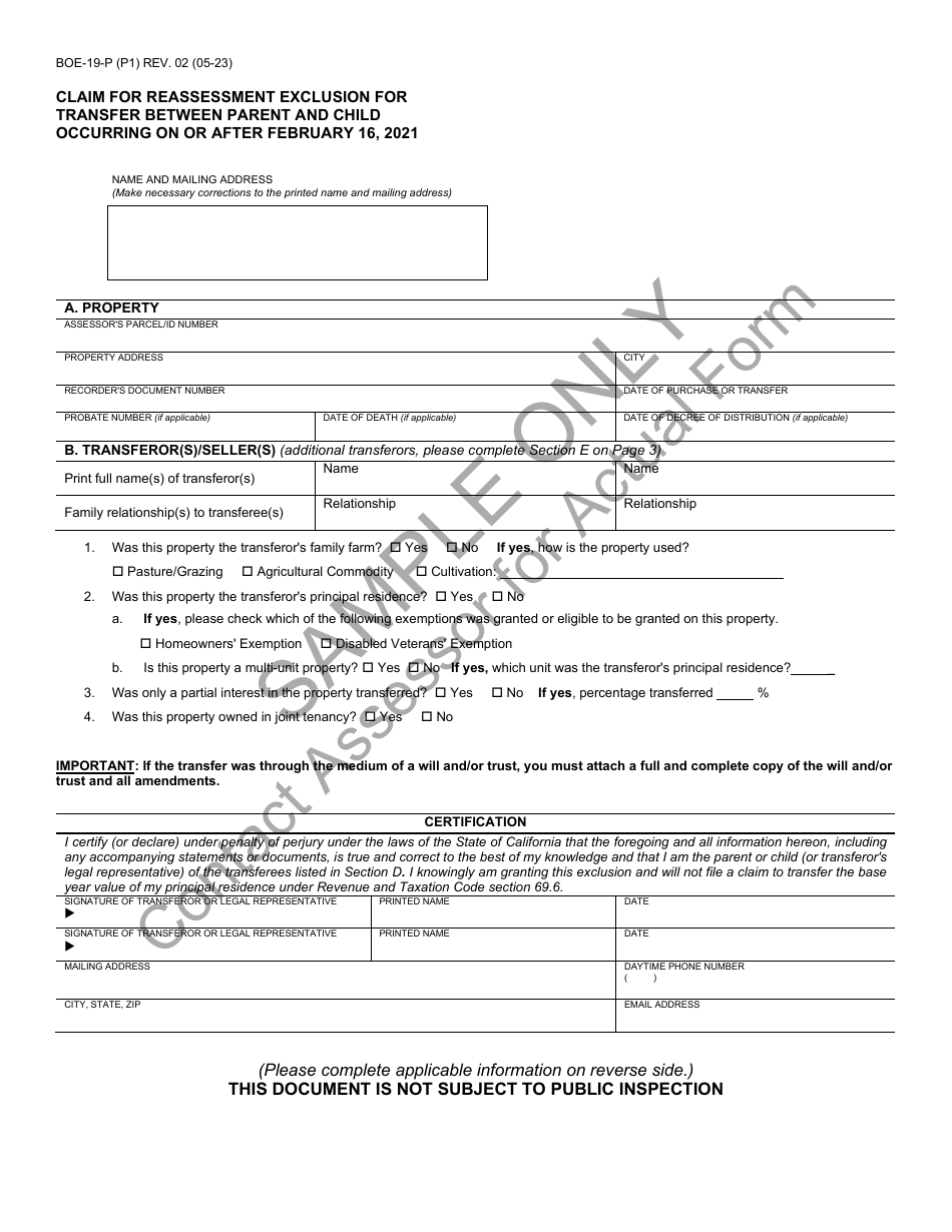 Form BOE-19-P Claim for Reassessment Exclusion for Transfer Between Parent and Child Occurring on or After February 16, 2021 - Sample - California, Page 1