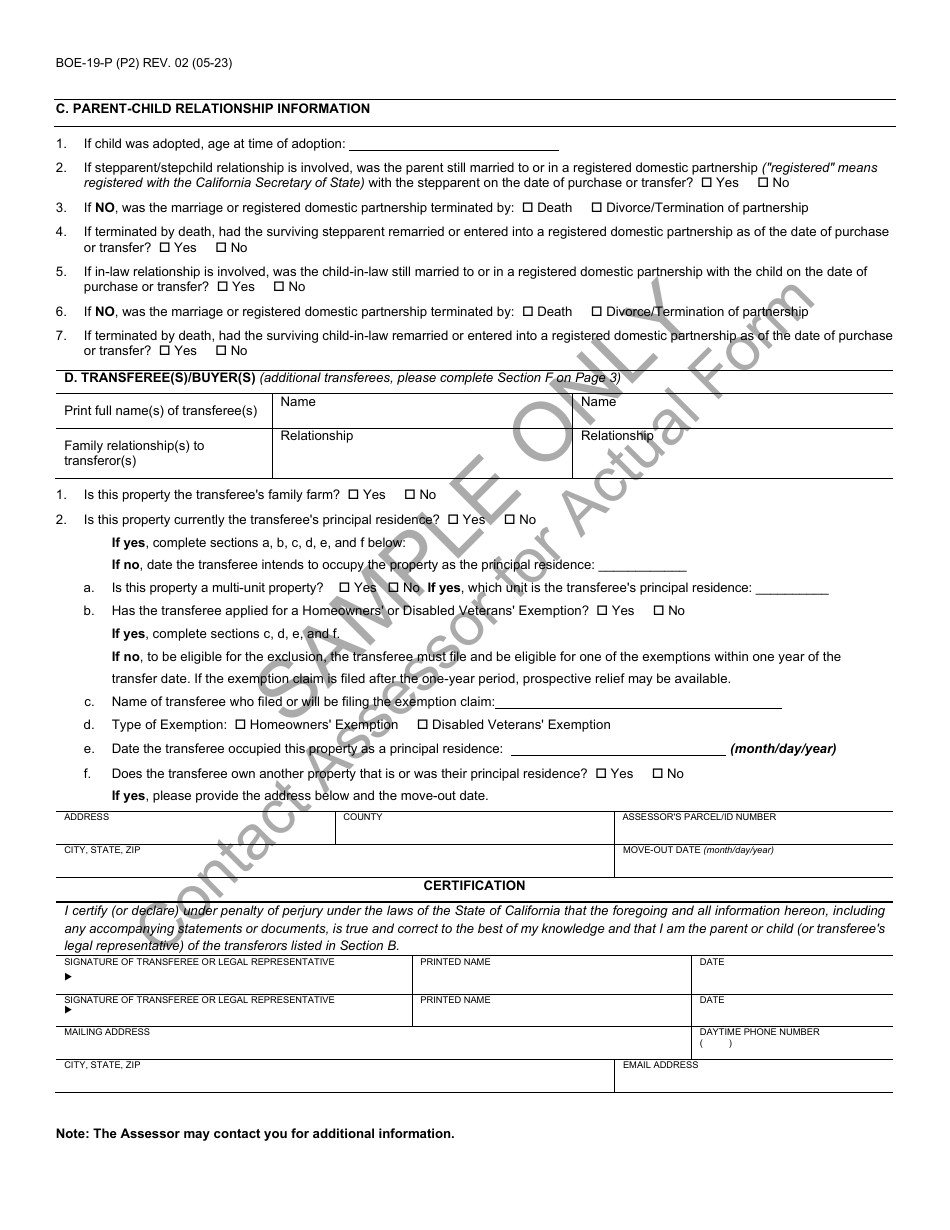 Form BOE-19-P Claim for Reassessment Exclusion for Transfer Between Parent and Child Occurring on or After February 16, 2021 - Sample - California, Page 2