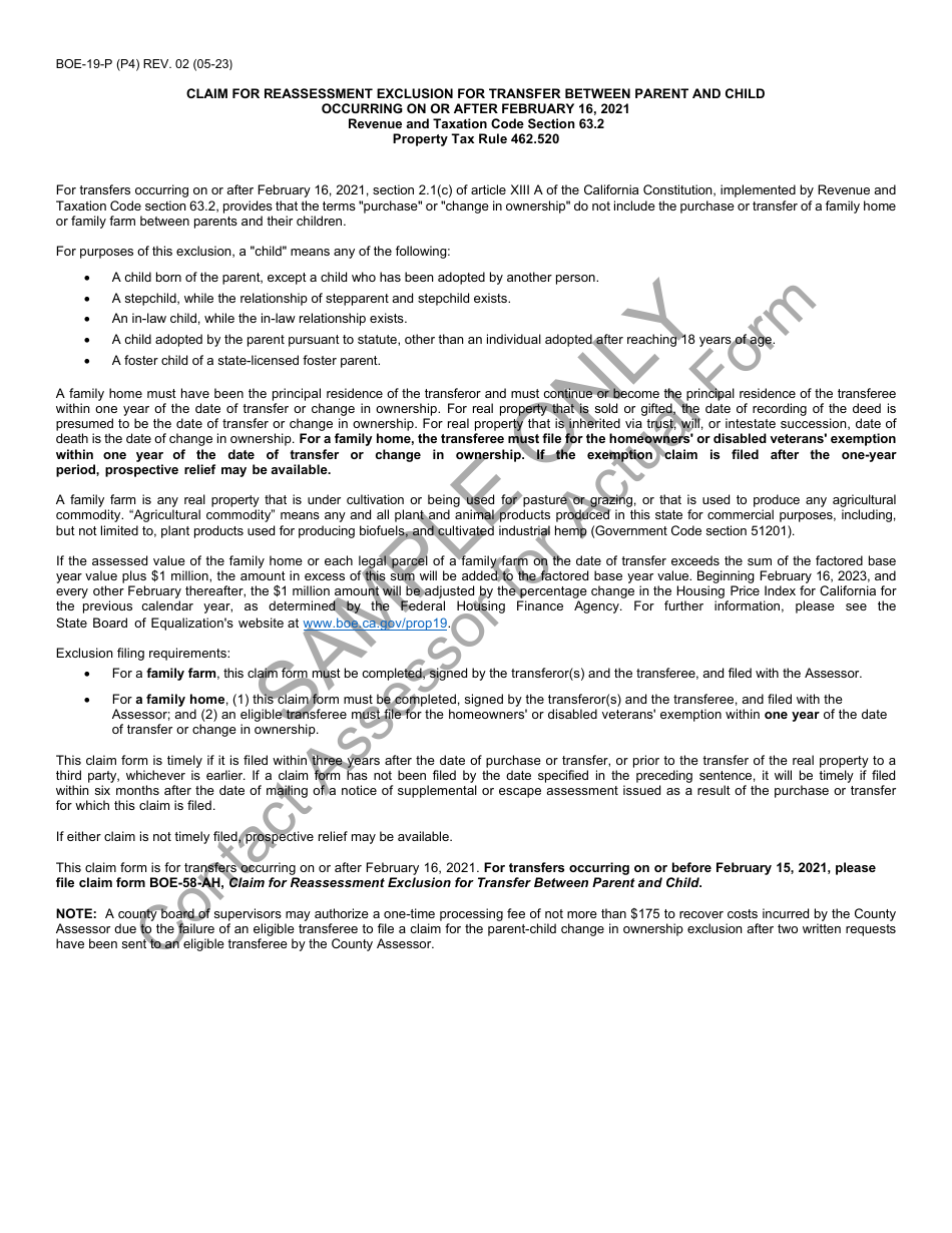 Form BOE-19-P Claim for Reassessment Exclusion for Transfer Between Parent and Child Occurring on or After February 16, 2021 - Sample - California, Page 4