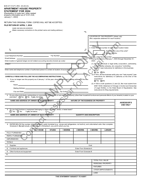Form BOE-571-R Apartment House Property Statement - Sample - California, 2024