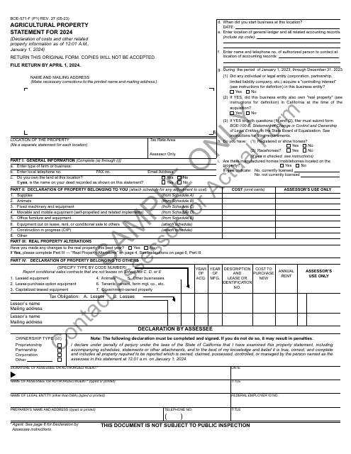 Form BOE-571-F Agricultural Property Statement - Sample - California, 2024