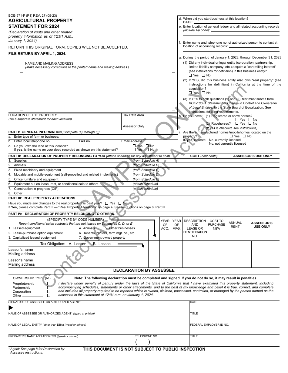 Form BOE-571-F Agricultural Property Statement - Sample - California, Page 1