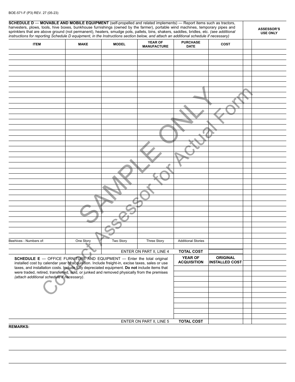 Form BOE-571-F Agricultural Property Statement - Sample - California, Page 3