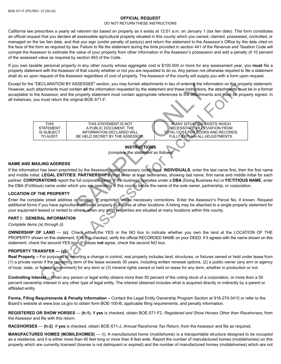 Form BOE-571-F Agricultural Property Statement - Sample - California, Page 5