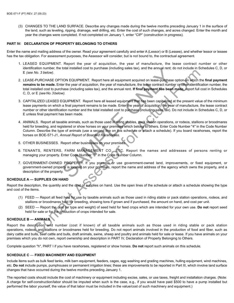 Form BOE-571-F Agricultural Property Statement - Sample - California, Page 7