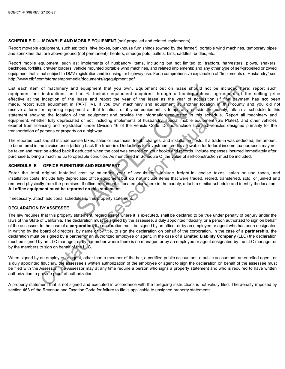 Form BOE-571-F Agricultural Property Statement - Sample - California, Page 8