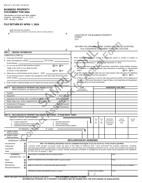 Form BOE-571-L Business Property Statement - Sample - California, 2024