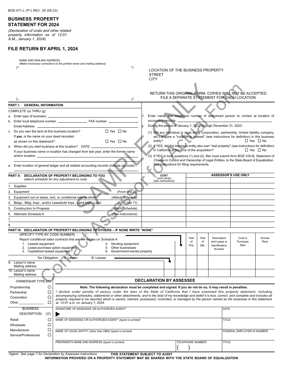 Form BOE-571-L Business Property Statement - Sample - California, Page 1