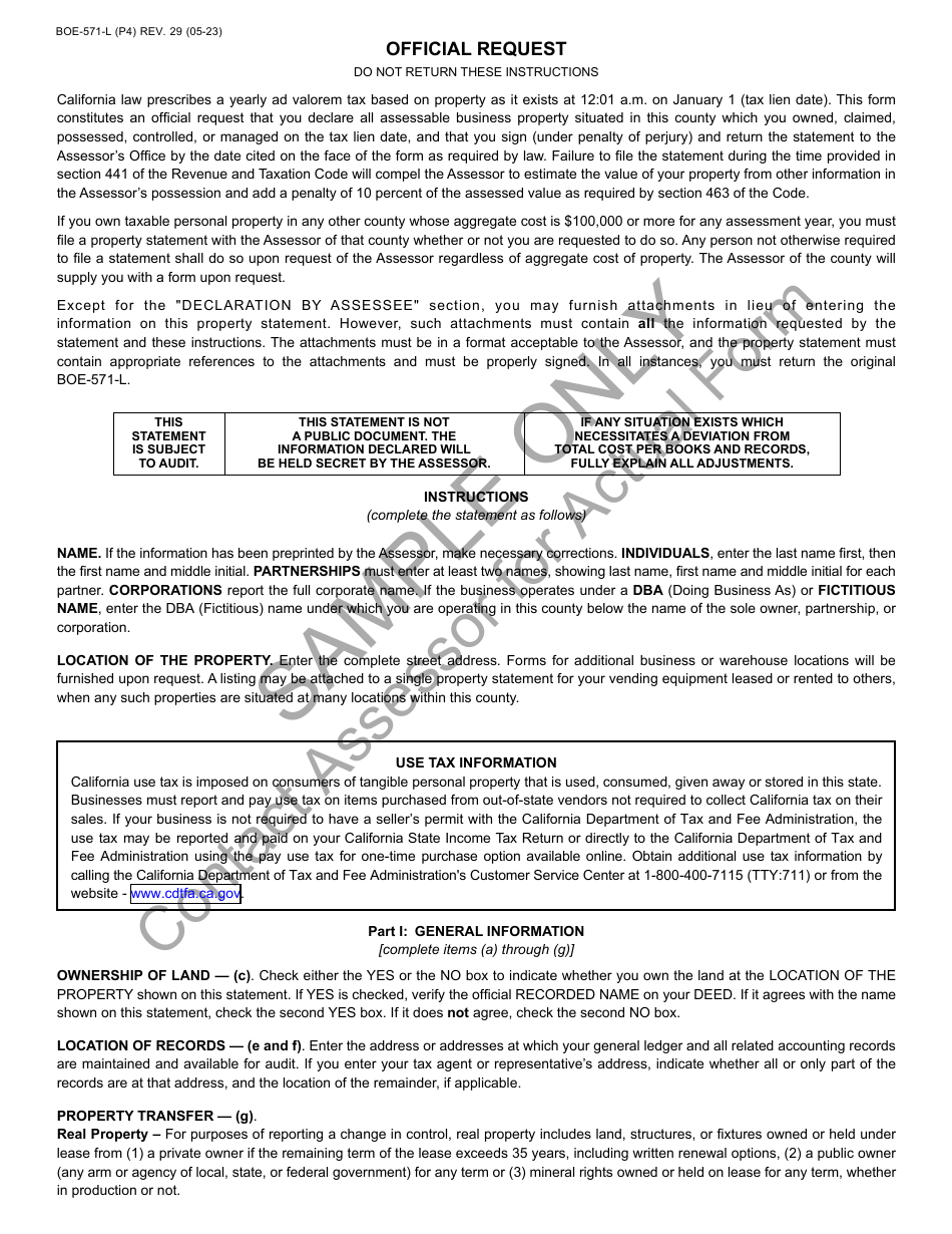 Form BOE-571-L Business Property Statement - Sample - California, Page 4