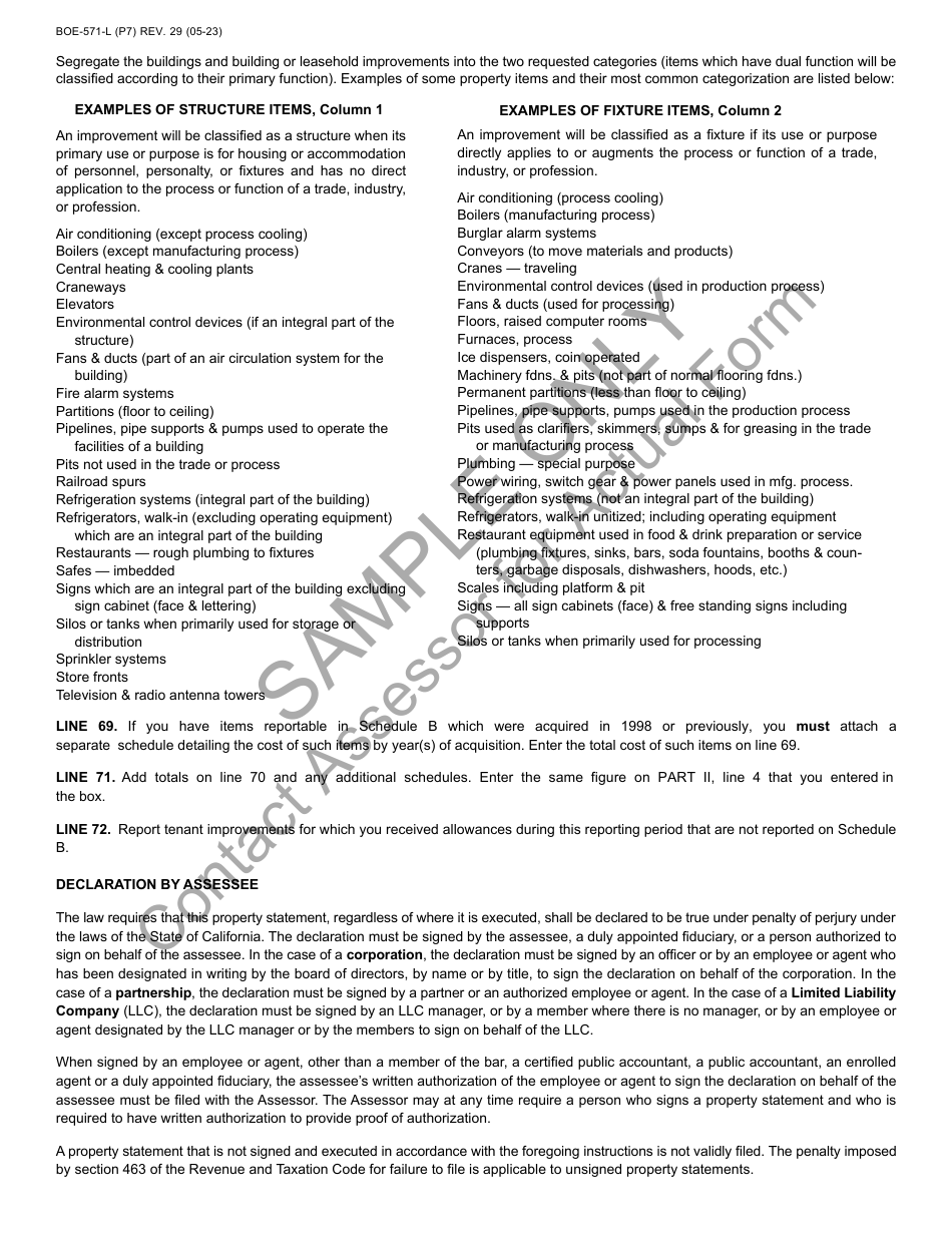 Form BOE-571-L Business Property Statement - Sample - California, Page 7