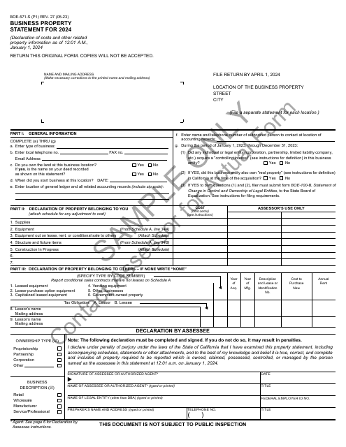 Form BOE-571-S Business Property Statement - Sample - California, 2024