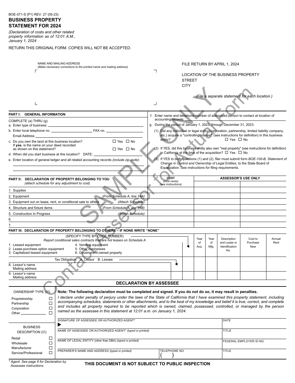 Form BOE-571-S Business Property Statement - Sample - California, Page 1