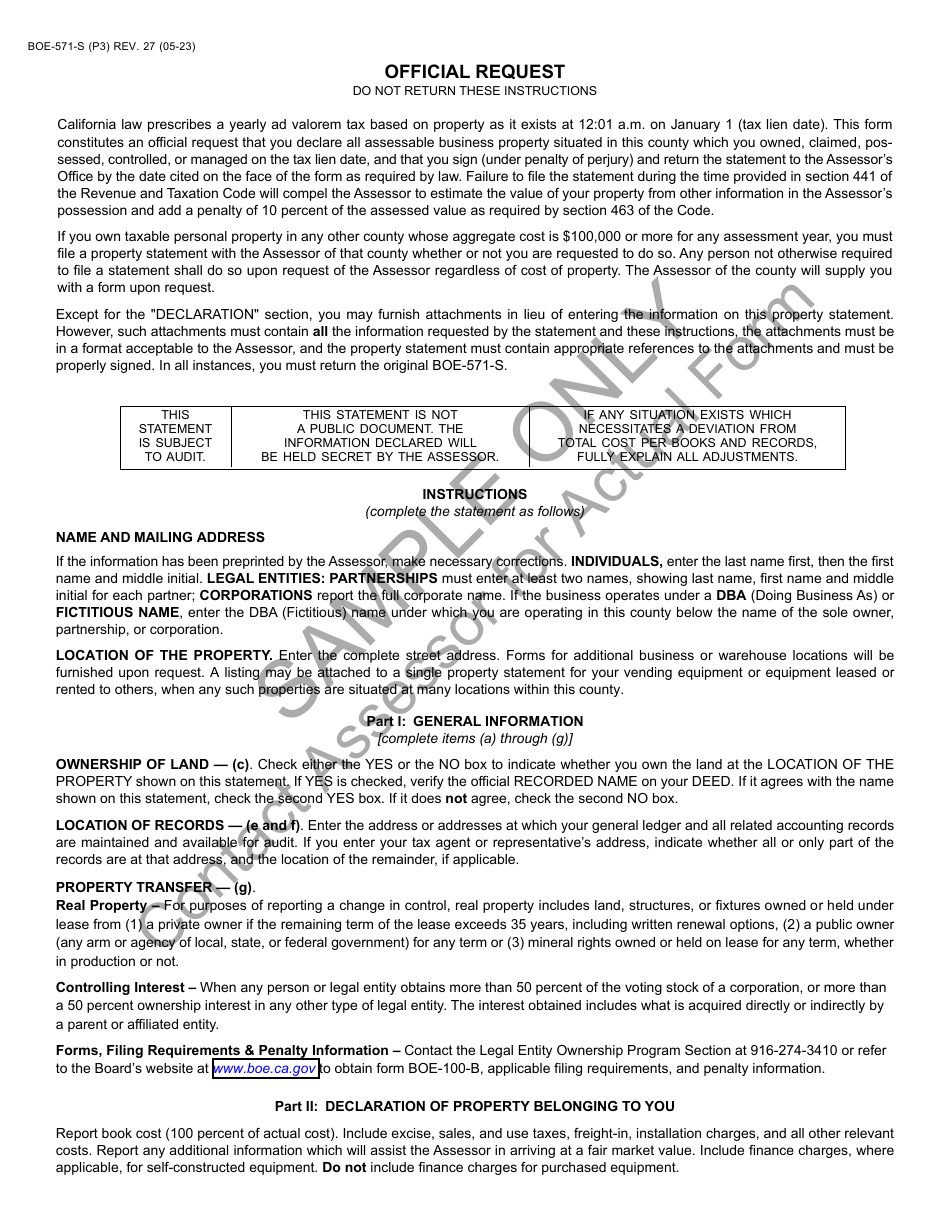 Form BOE-571-S Business Property Statement - Sample - California, Page 3