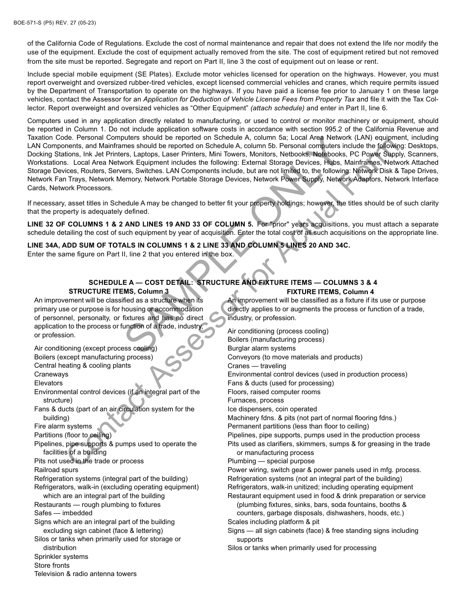 Form BOE-571-S Business Property Statement - Sample - California, Page 5