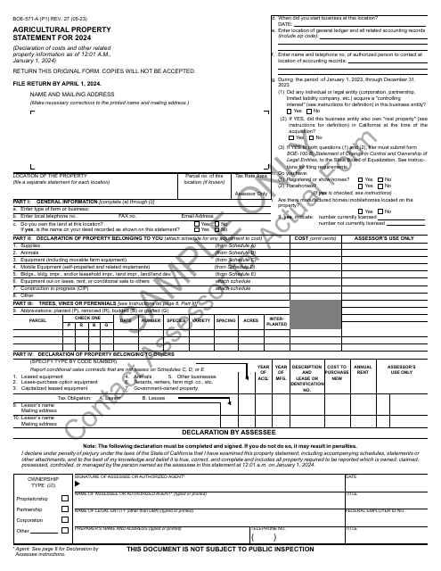 Form BOE-571-A Agricultural Property Statement - Sample - California, 2024