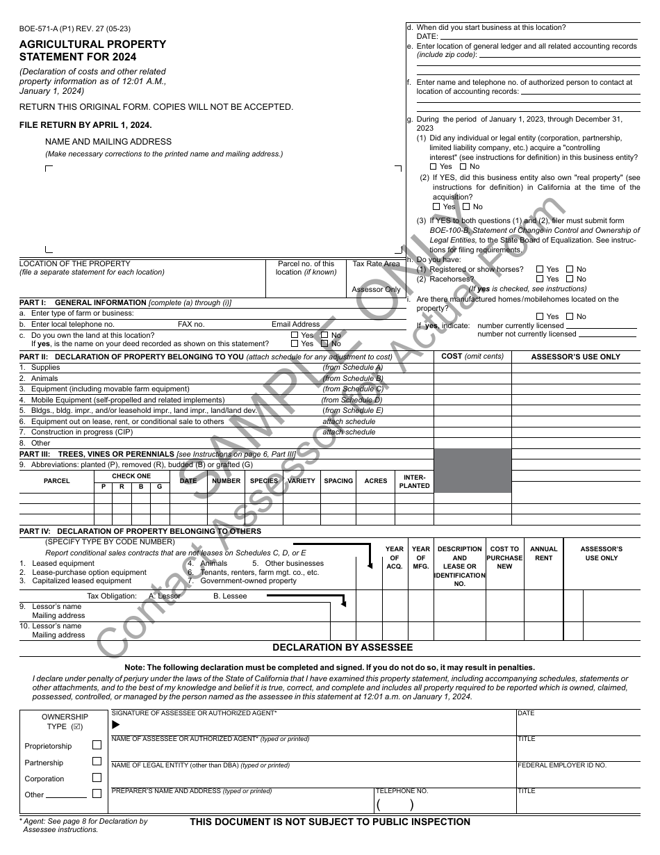 Form BOE-571-A Agricultural Property Statement - Sample - California, Page 1