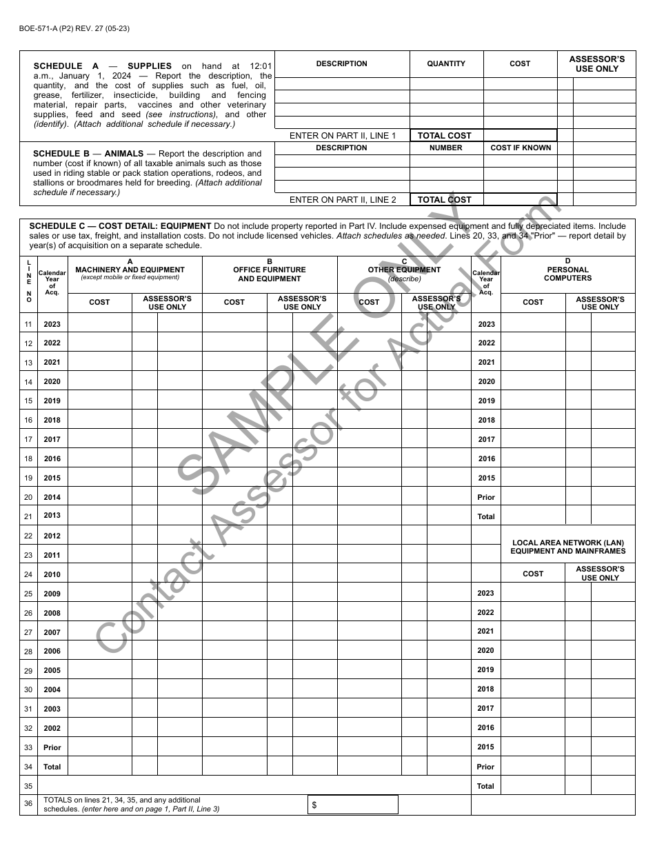 Form BOE-571-A Agricultural Property Statement - Sample - California, Page 2
