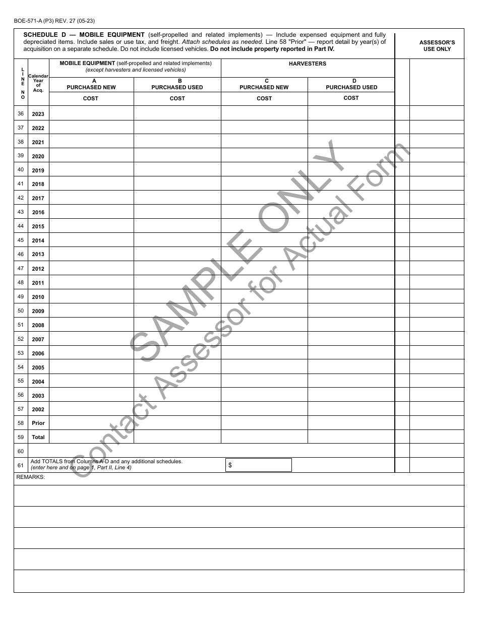 Form BOE-571-A Agricultural Property Statement - Sample - California, Page 3