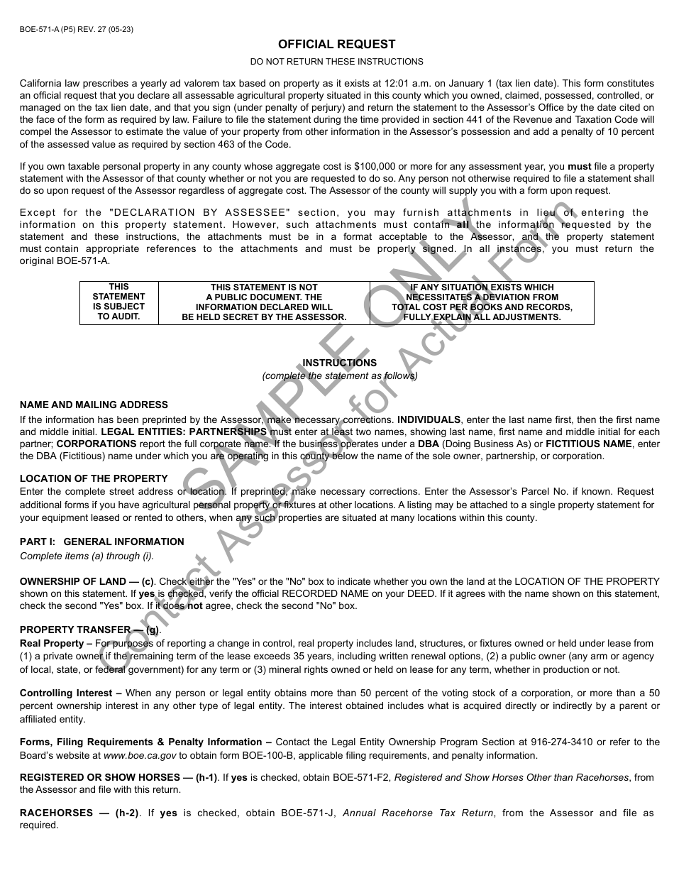Form BOE-571-A Agricultural Property Statement - Sample - California, Page 5